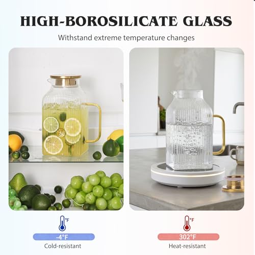 2 Pack 68oz 2 Liter Square Glass Pitcher with Handle and Lid (Square Stripes-2)