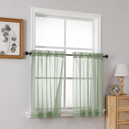 Sage Green Sheer Curtains Tier 30 Inches Length 2 Panels (42"W x 30"L (Pack of 2) / Sage Green)