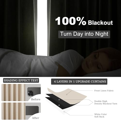 Linen Blackout Curtains 86 Inches Long for Bedroom 2 Panels Set 100% Blackout Drapes for Living Room Window Treatment Modern Farmhouse Back Tab Rod Pocket Beige White Drapes (Beige / 52"W x 86"L (Pack of 2))