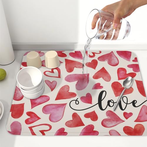 Valentine's Day Red and Pink Heart Dish Drying Mat 16x18 Inch (Heart Pink / 16" x 18")