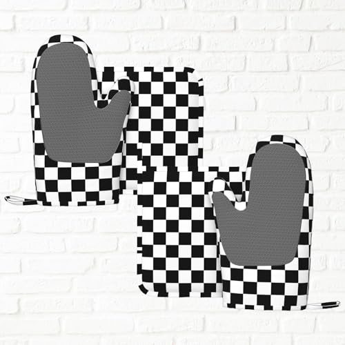 Black White Checkered Oven Mitts and Pot Holders Sets of 4 (Black White Checkered)
