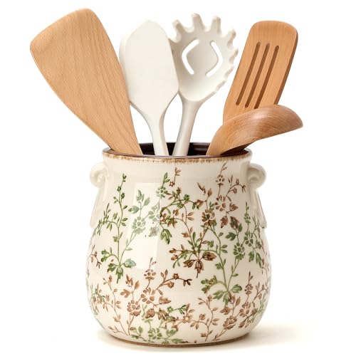 Utensil Holder for Kitchen Counter (Green and Beige- 2 Ears)