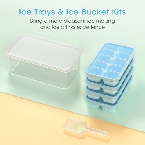Ice Cube Tray with Lid and Bin (Lake Blue / 8.2*4.5*3.6'' - 4 Pack)