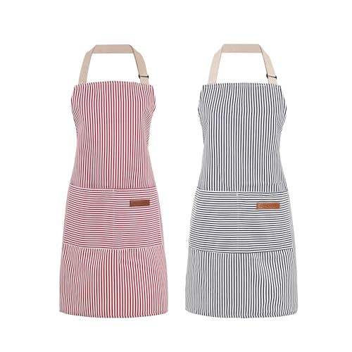 2 Pack Cooking Aprons Adjustable Bib Apron for Women with 2 Pockets (Pink/Blue Stripes)