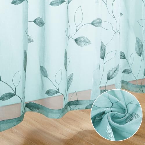 Turquoise Sheer Curtains Leaf Embroidered (52"W x 96"L (Pack of 2) / 5-turquoise)