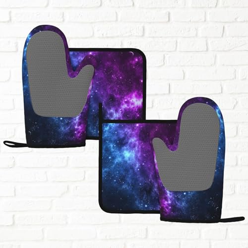 Cool Blue Purple Galaxy Oven Mitts and Pot Holders Sets of 4 (Cool Blue Purple Galaxy)