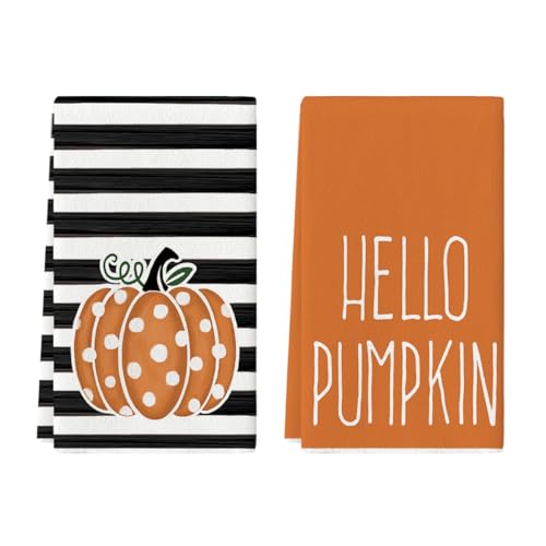 Orange Pumpkin Stripes Fall Kitchen Towels Set of 2 18x26 Inch (Orange)