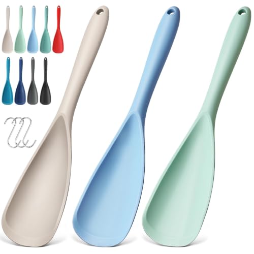 3 PACK Silicone Cooking Spatula & Spoon for Nonstick Cookware (Khaki, Sky Blue, Light Green)