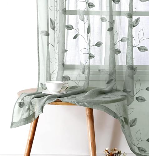 Sage Green Sheer Curtains Leaf Embroidered (52"W x 84"L (Pack of 2) / 1-sage Green)