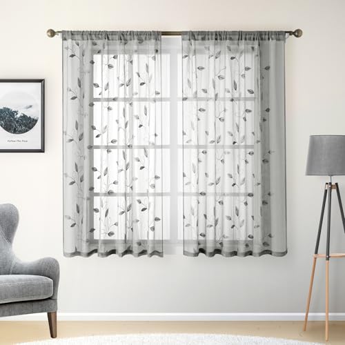 Grey Gray Sheer Kitchen Curtains 52 x 45 Inch Length 2 Panels Embroidered Leaf Pattern Short Curtains for Bedroom Half Small Window Rod Pocket Tiers (52"W x 45"L (Pack of 2) / 3-grey)