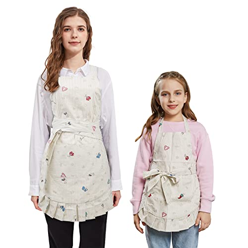 Kitchen Aprons with Pockets for 2 Pockets for Mama and Me (White--mama and Me Set)