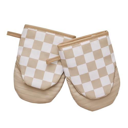 Beige Checkered Mini Oven Mitts Heat Resistant (Beige)