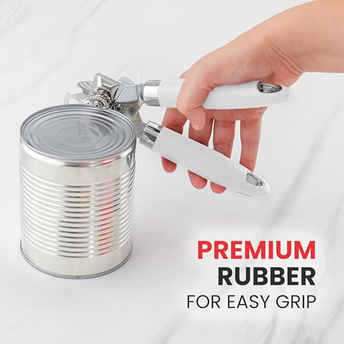 Heavy Duty Stainless Steel Can Opener Manual with Large Bottle Opener (Side Bottle Opener Design / White)