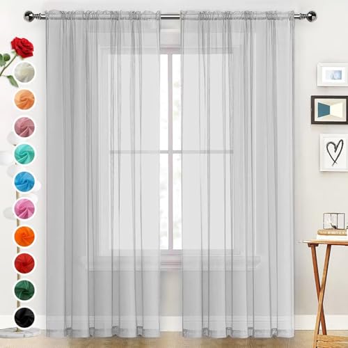 Basic Rod Pocket Sheer Voile Window Curtain Panels Silver Grey 1 Pair 2 Panels 52 Width 108 Inch Long for Kitchen Bedroom Children Living Room Yard（Silver Grey (Silver Grey / 52"W x 108"L (Pack of 2))