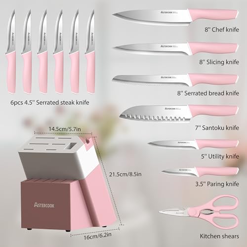 Knife Set Kitchen Knives Set with Block and Sharpener 15 Pcs German Stainless Steel Sharp Blade Dishwasher Safe with Ergonomic Handle (Crystal Pink)