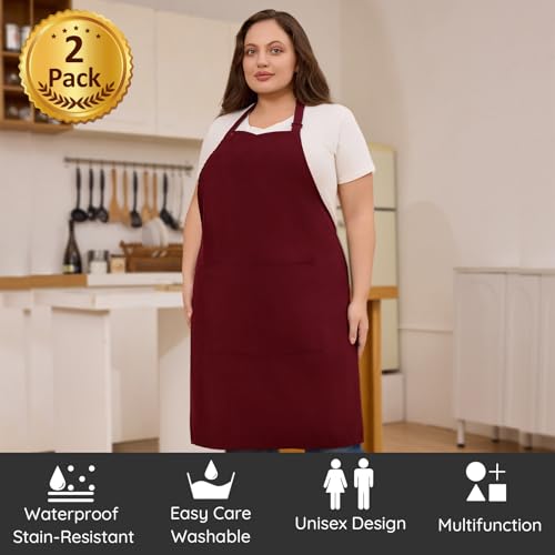 2 Pack Plus Size Waterproof Chef Apron with 2 Pockets for Men Women (Red)
