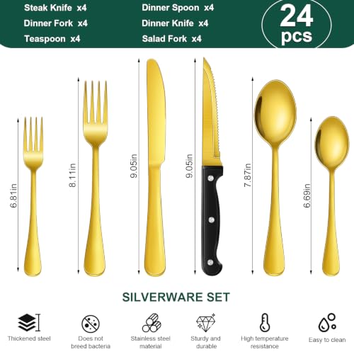 24 Piece Gold Silverware Set with Steak Knives Black Stainless Steel Flatware Set for 4 Food Grade Tableware Cutlery Set Rust (24Pcs-C)