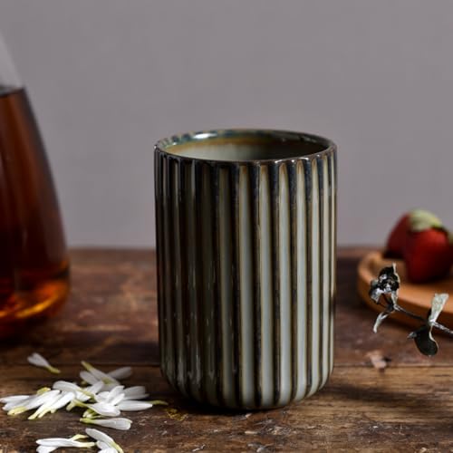 Stoneware Coffee Bar Utensil Holder Tea & Coffee Spoon & Stirrer Holder for Stir Stick Straw Teaspoon Holder Espresso Spoon Cup Small Utensil Jar Fluted Vertical Stripe (Concrete Grey)