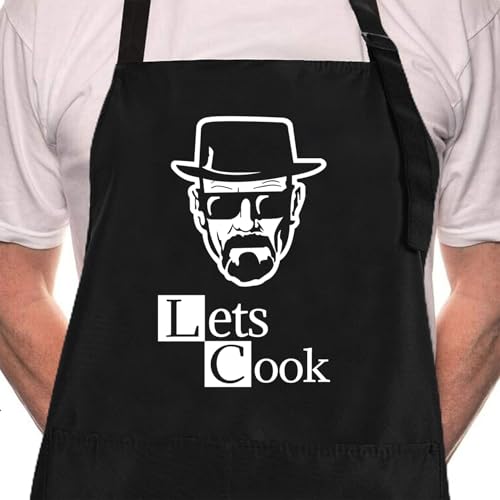 Funny Black Chef Aprons for Men Adjustable BBQ Kitchen Cooking Apron (Lets Cook)
