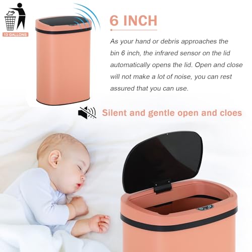 13 Gallon Stainless Steel Trash Can Automatic Trash Can Garbage Can Bathroom Garbage Can with Lid for Kitchen Living Room Office Bathroom (Pink)