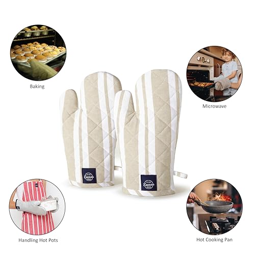 Oven Mitts Heat Resistant Kitchen Gloves (Oven Gloves / Franca Beige Stripes)