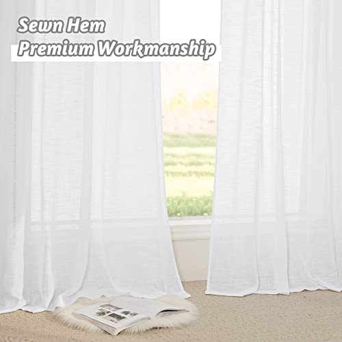 Short Linen Sheer Curtains for Small Kitchen Cafe Bathroom Window (White / 52"W x 45"L (Pack of 2))