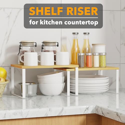 Cabinet Shelf Organizers 2 Pack (11.7"W / White + Natural)