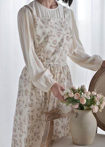 Japanese Cotton Linen Cross Back Work Apron for Women with Pockets Pinafore Dress Smock (03-beige)