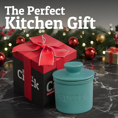 Butter Crock with Lid for Countertop with Spreader Knife and Water Line (Cool Green / Regular)