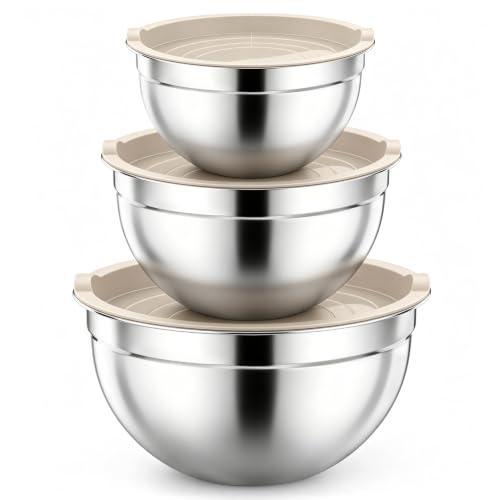 Stainless Steel Mixing Bowls with Airtight Lids (Khaki / Airtight Lids)
