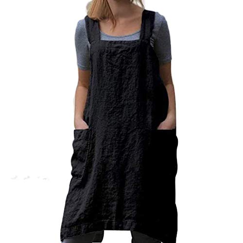 Cotton Linen Apron Cross Back Apron for Women with Big Pockets Square Pinafore Dress for Baking Cooking BBQ & Grill (Black / XX-Large)