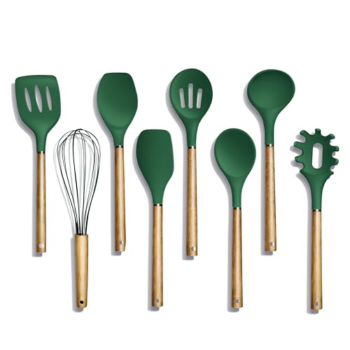 Non Stick Silicone Utensil Set with Rounded Wood Handles for Cooking and Baking (8 Piece Set / Green)