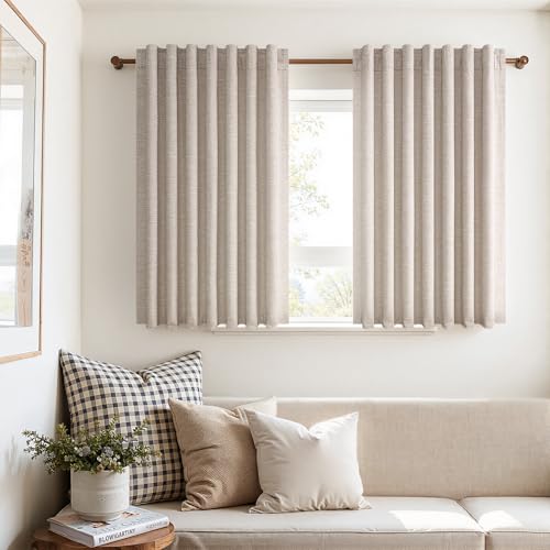 54 Inches Long Short Small Window Blackout Curtains Boho Farmhouse Linen Heat Blocking&Soundproof Room Darkening Curtains Back Tab Pleated with Hooks Fall Home Decor (Linen / 52"W x 54"L (Pack of 2))