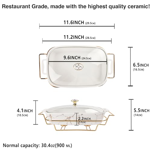 10" x 6" Ceramic Casserole Dish with Glass Lid and rack (White / 11.6 Inch(30 oz))