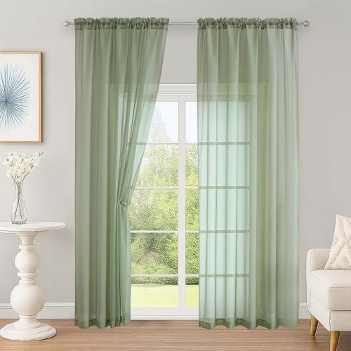 Sage Green Sheer Curtains 90 Inch Long 2 Panels for Bedroom 59" Wide (Sage Green / 59"W x 90"L (Pack of 2))