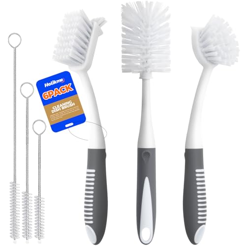 6 Pack Dish Brush Set with Bottle Brush (Gray)