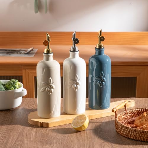 Sweejar Ceramic Olive Oil Dispenser Bottle for Kitchen Counter (Fog Blue / 20 oz (Silver Spout))