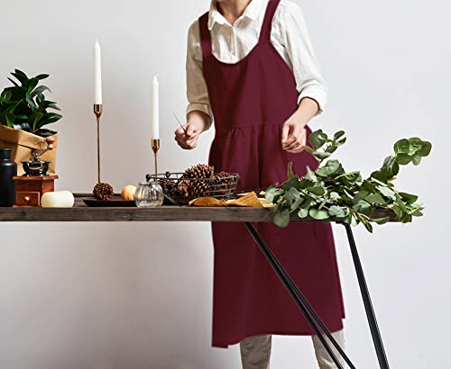 Japanese Cotton Cross Back Pinafore Apron for Women with Pockets Burgundy (06 - Magenta Apron Without Waist Ties)
