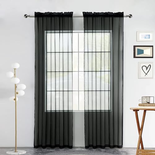 Solid Sheer Rod Pocket Curtain Voile Draperies 2 Panels White Beige Black Grey Coffee 52 Inch Width 108 Inch Long 1 Pair for Kitchen Bedroom Children Living Room Yard (Black / 52"W x 108"L (Pack of 2))