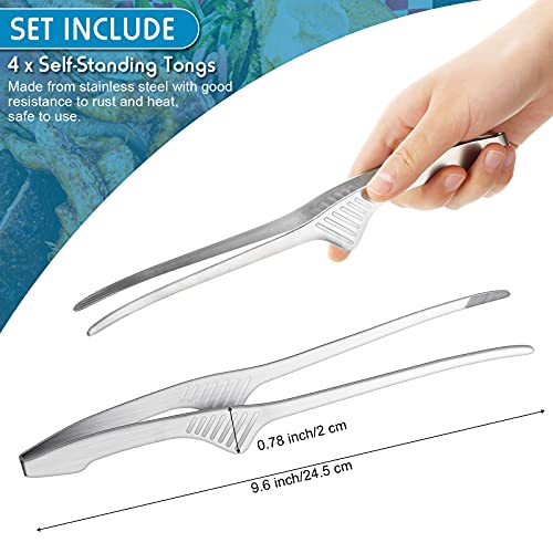 4 Pieces Korean and Japanese BBQ Tongs Non Slip Cooking Utensils Stainless Steel Tongs for Serving Food (Silver)