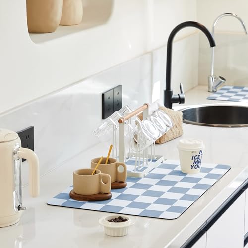 Checkered Dish Drying Mat for Kitchen Counter (Blue / 24" x 16")