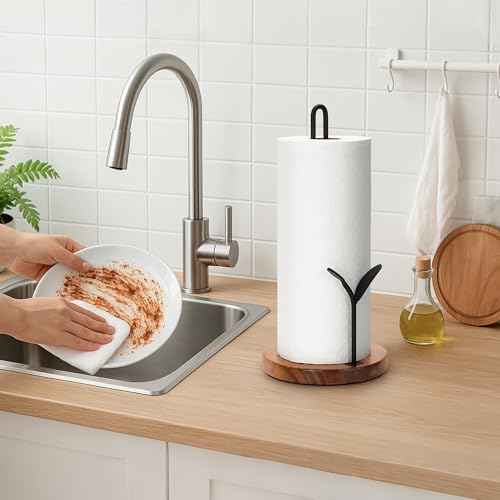 Wood Paper Towel Holder Countertop (Black (Leaf)-round Base)