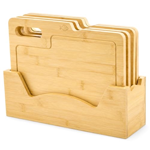 4 Pack 12.5"L x 9.8"W Bamboo Cutting Boards with Holder