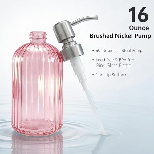 16 OZ Pink Glass Soap Dispenser Glass Soap Dispenser (Pink+brushed Nickel Pump / 1-Pack)