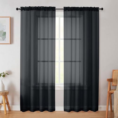 Black Sheer Curtain for Bedroom Living Room 72 Inches Long 2 Panels Set (Black / 42"W x 72"L (Pack of 2))