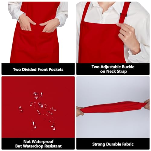 12 Pack 100% Cotton Aprons Bulk with 2 Pockets Cooking Chef Kitchen Adjustable Bib Apron for Women Men (Red)