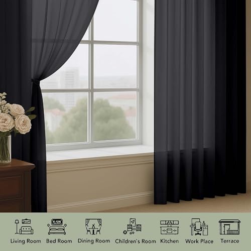 Extra Long Black Sheer Curtains 144 Inches 2 Panels for Living Room (Black / 59"W x 144"L (Pack of 2))