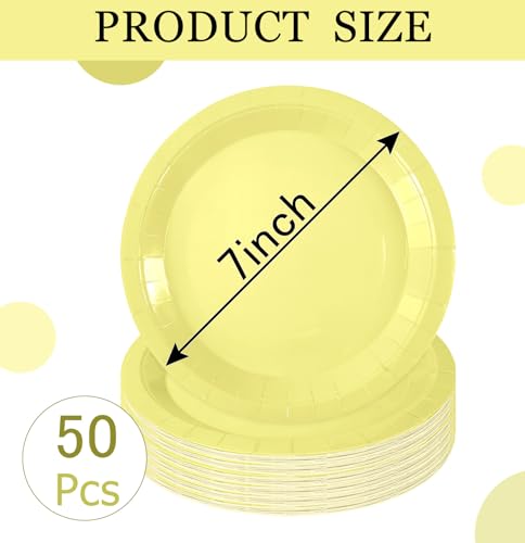 50 PCS Light Yellow Paper Plates 7 Inch Disposable Plates Dessert Plates Yellow Dinner Plates for Wedding Baby Shower Birthday Party Supplies (Light Yellow / 7 INCH)