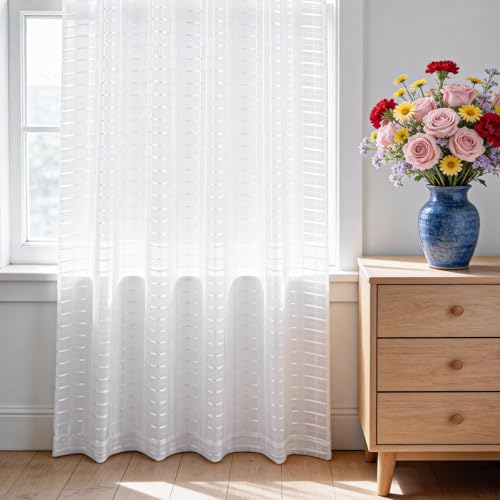 Check Sheer Curtains 108 Inches Long for Living Room (Check - White / 52"W x 108"L (Pack of 2))