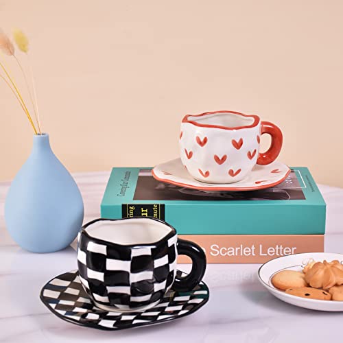 10oz Irregular Ceramic Mug With Saucer (Red Heart)